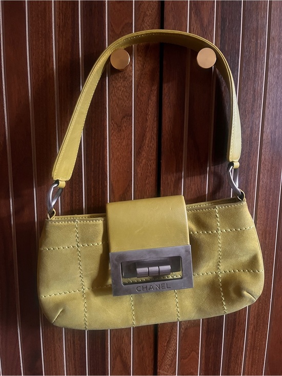 CHANEL Handbags - CHANEL Yellow-Green Suede Quilted Shoulder Bag with Signature Metal Clasp